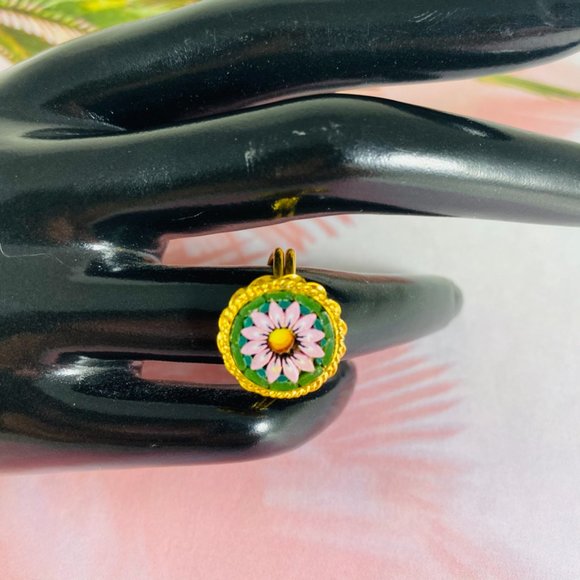 Vintage gold tone Millefiori sunflower adjustable ring mini mosaic One size fits - Picture 5 of 5
